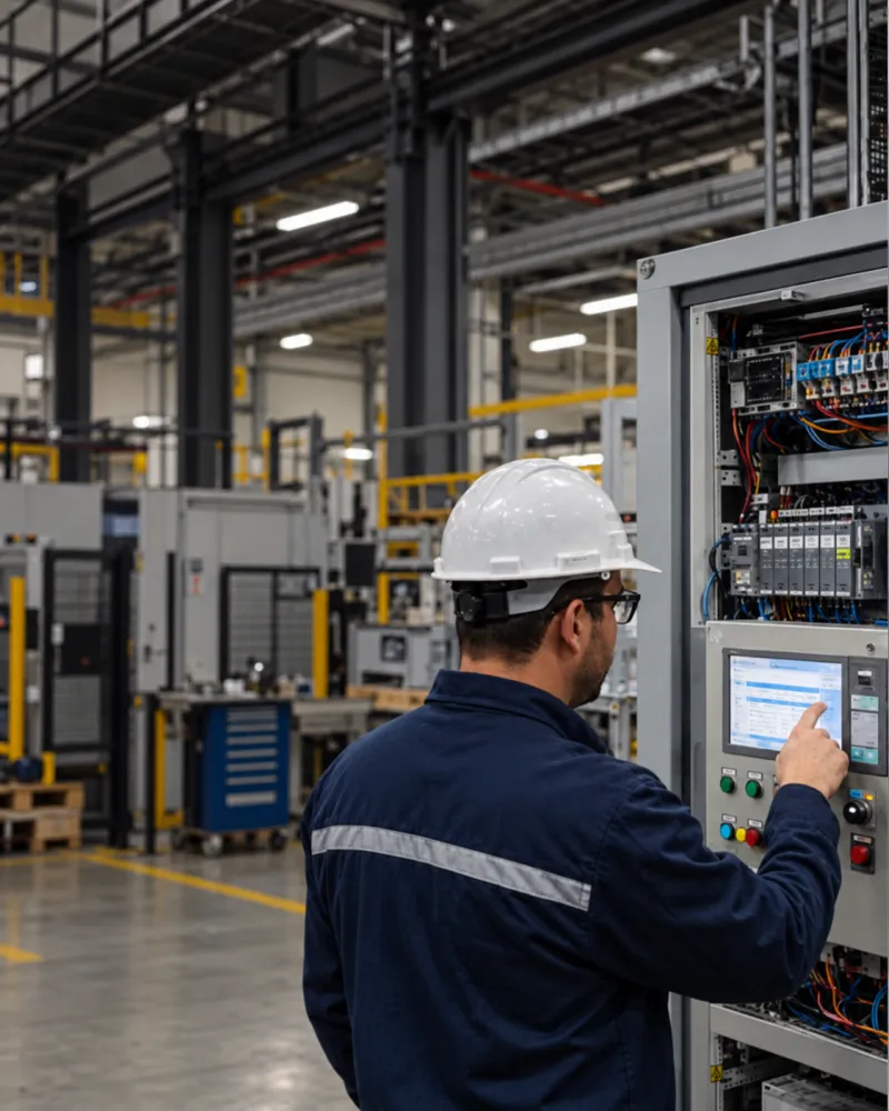 Técnico frente a un tablero de control en una planta industrial